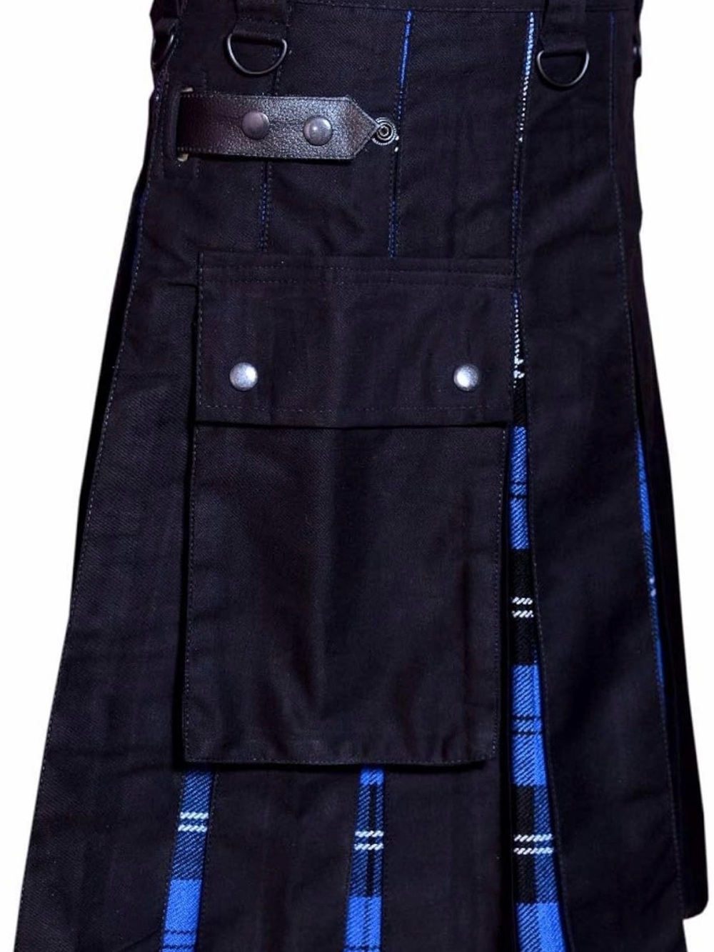 Men’s Black and Blue Plaid Pleated Utility Kilt Skirt - Picture 6 of 7